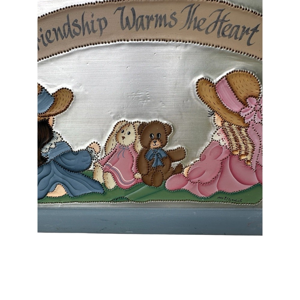 Vintage 1992 Hand Painted Tin Punched Girls Rabbit Bear Picture Signed Framed - Picture 8 of 14